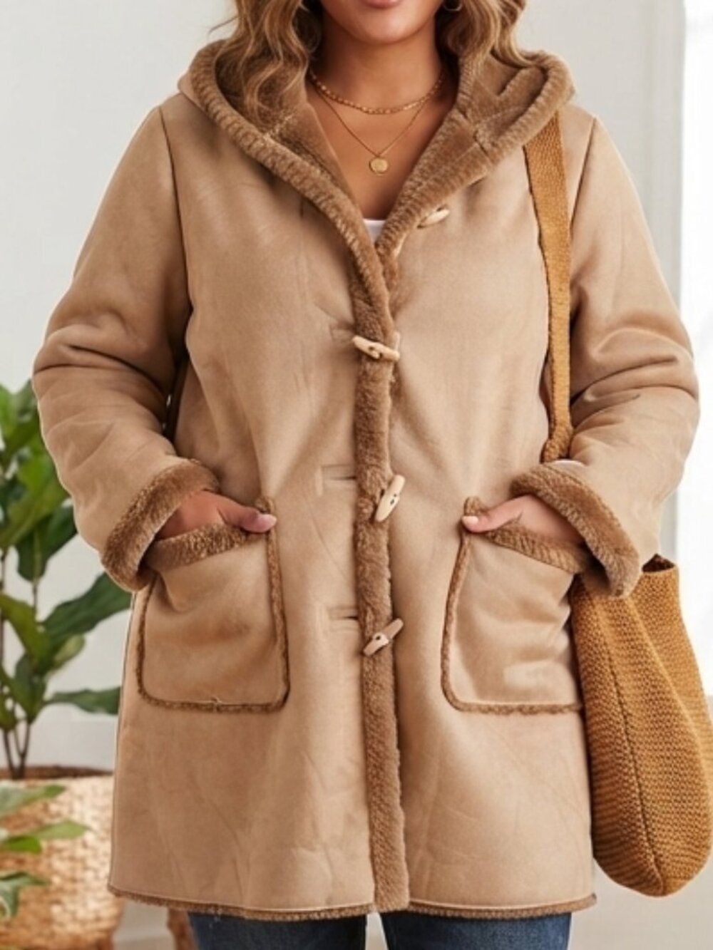 St. John's Bay Size XL Tan Faux Suede Shearling Hooded Coat — Toggle Closure She